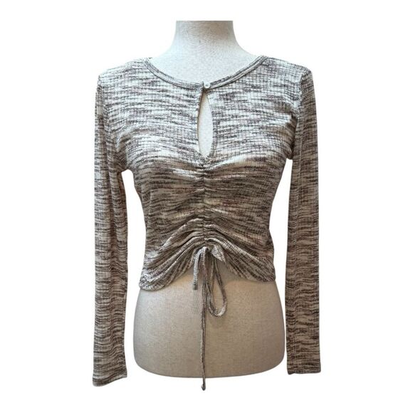 Long Sleeve Keyhole Top‎ with Drawstring Front, Neutral Tones, Casual - Picture 1 of 8
